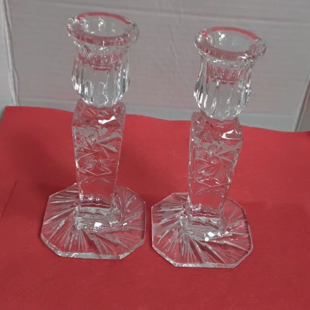 Ofnah Lead Crystal Candle Holder Set Of 2 Clear Etched Made In Poland 6” Tall